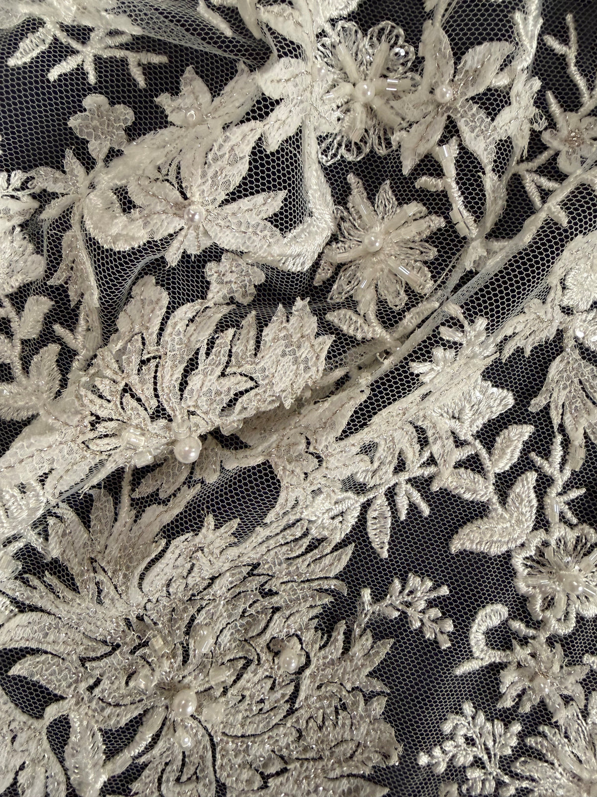 Ivory/Silver Embroidered Beaded Lazer Cut Tulle - EB1075