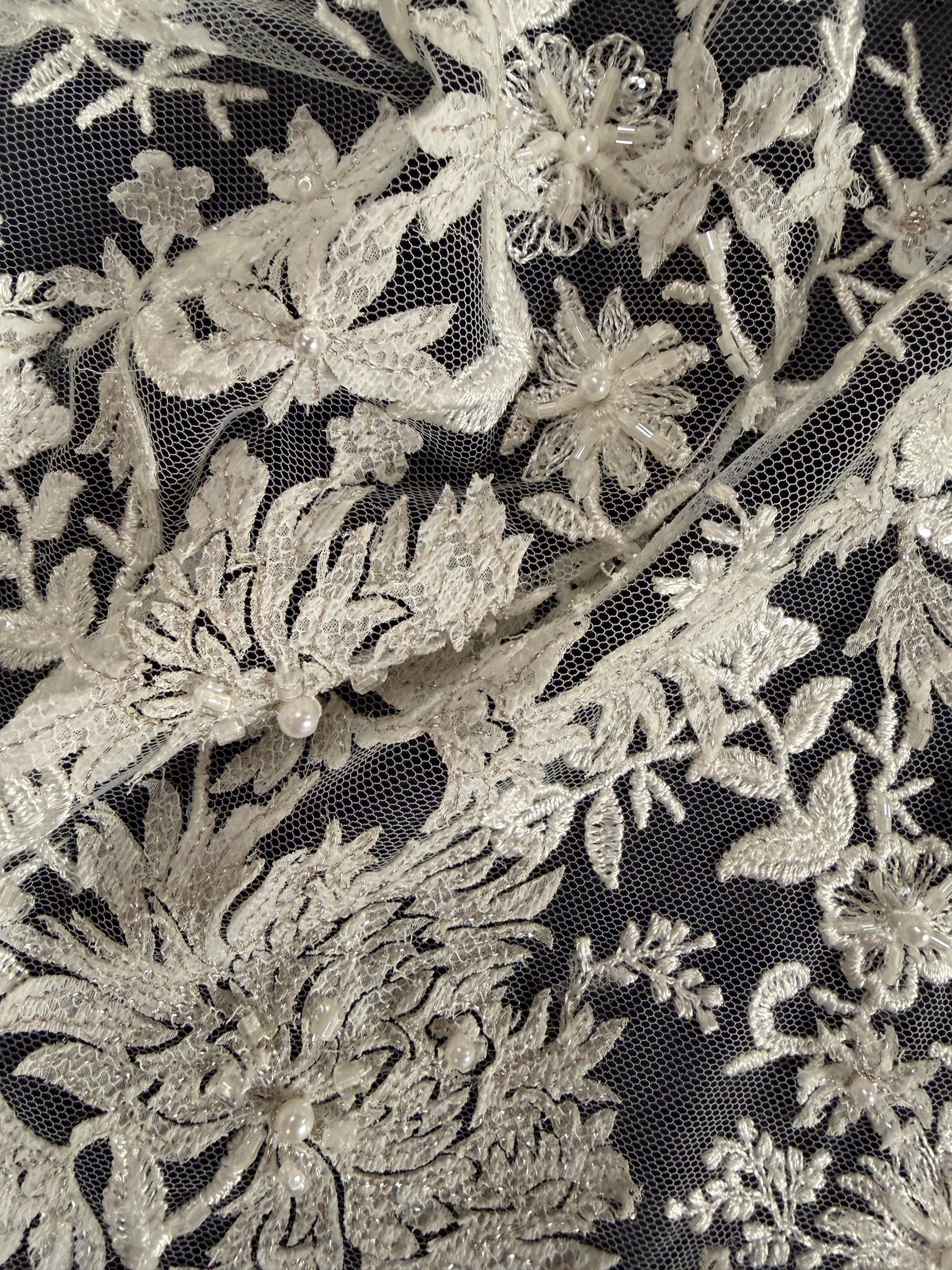 Ivory/Silver Emb Beaded Lazer Cut Tulle - EB1075