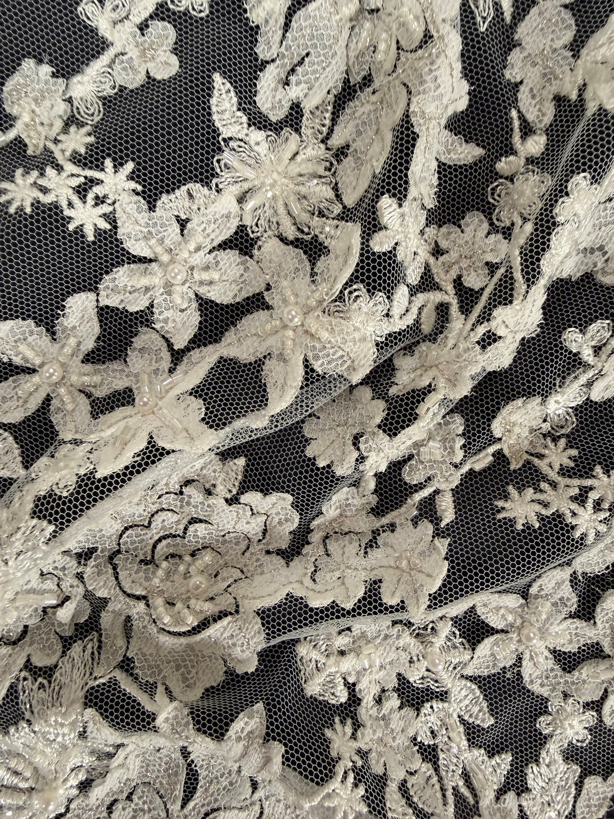 Ivory/Silver Emb Beaded Tulle - EB1077