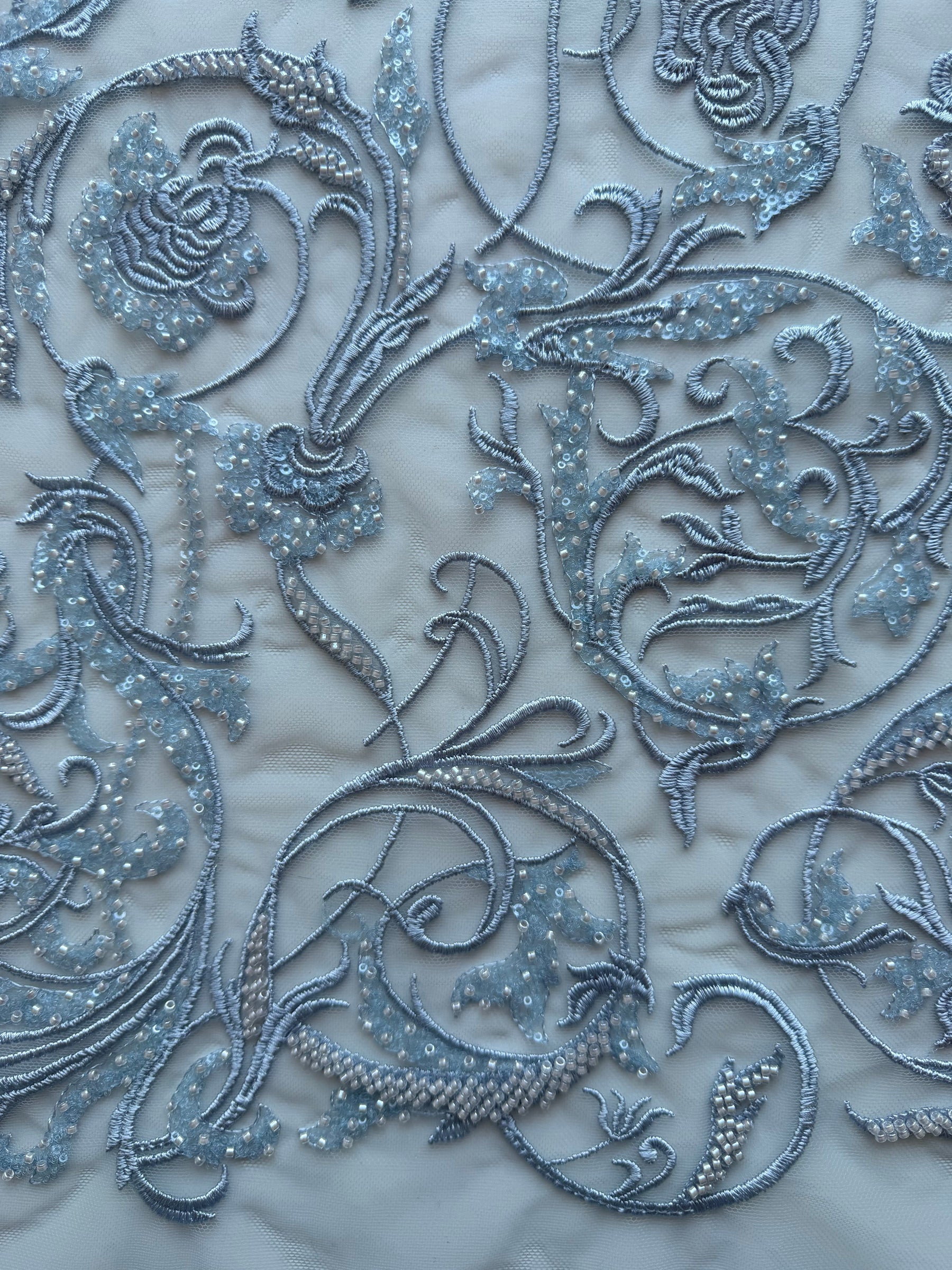 Limestone Embroidered Beaded Tulle - EB1091