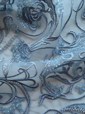Limestone Embroidered Beaded Tulle - EB1091
