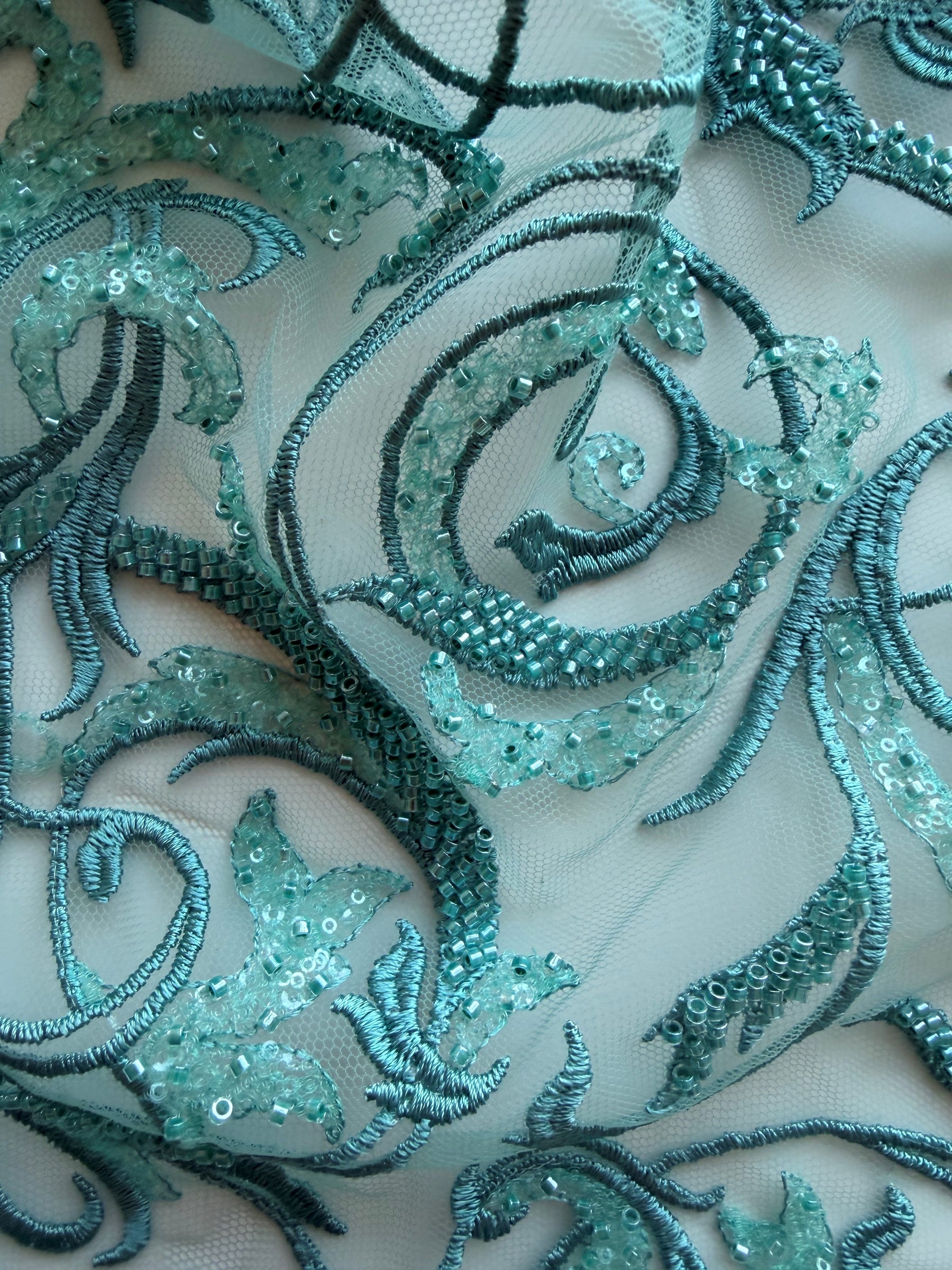 Light Jade Embroidered Beaded Tulle - EB1091