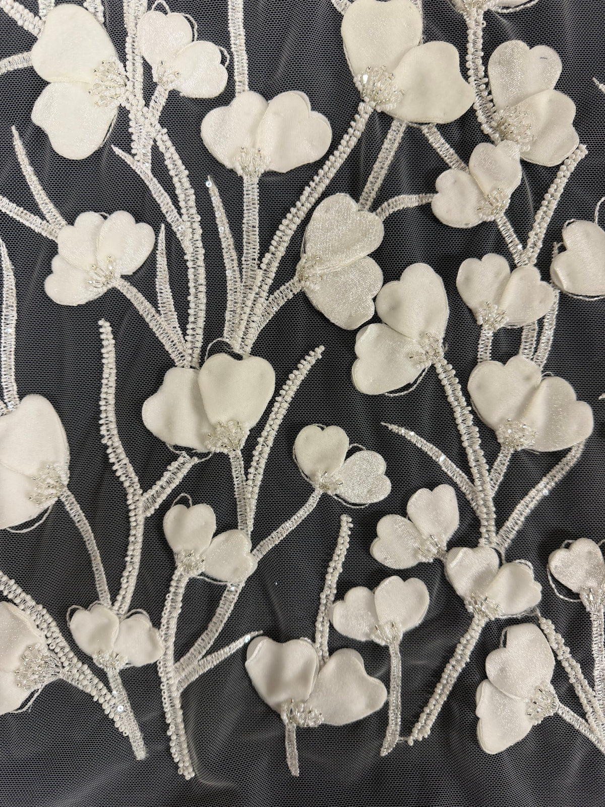 Ivory 3D Emb Beaded Tulle - EB1082