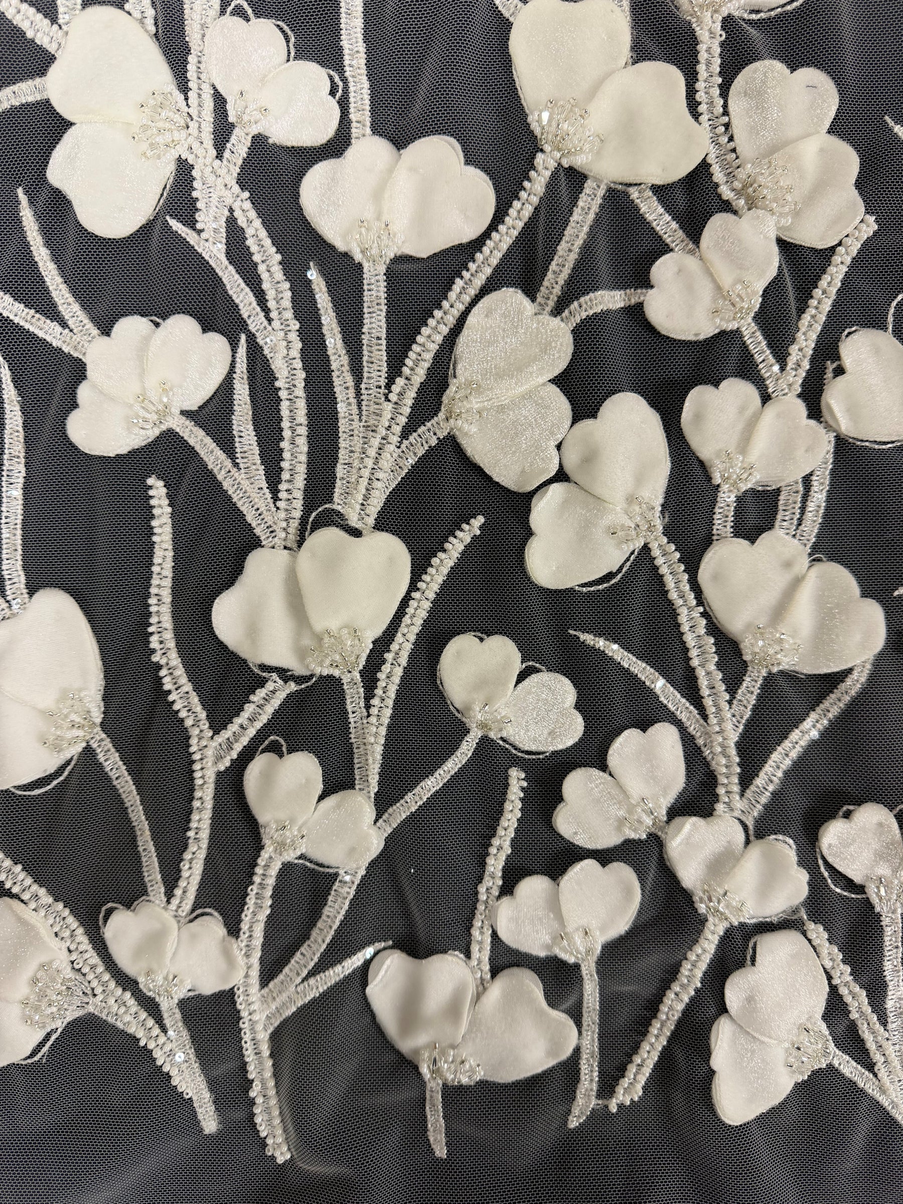 Ivory 3D Emb Beaded Tulle - EB1082