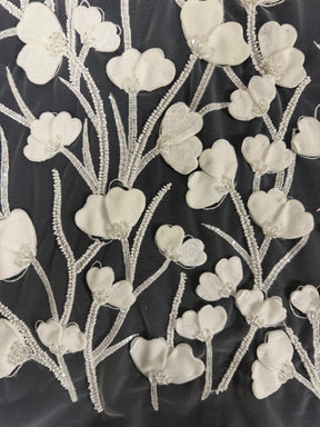 Ivory 3D Emb Beaded Tulle - EB1082