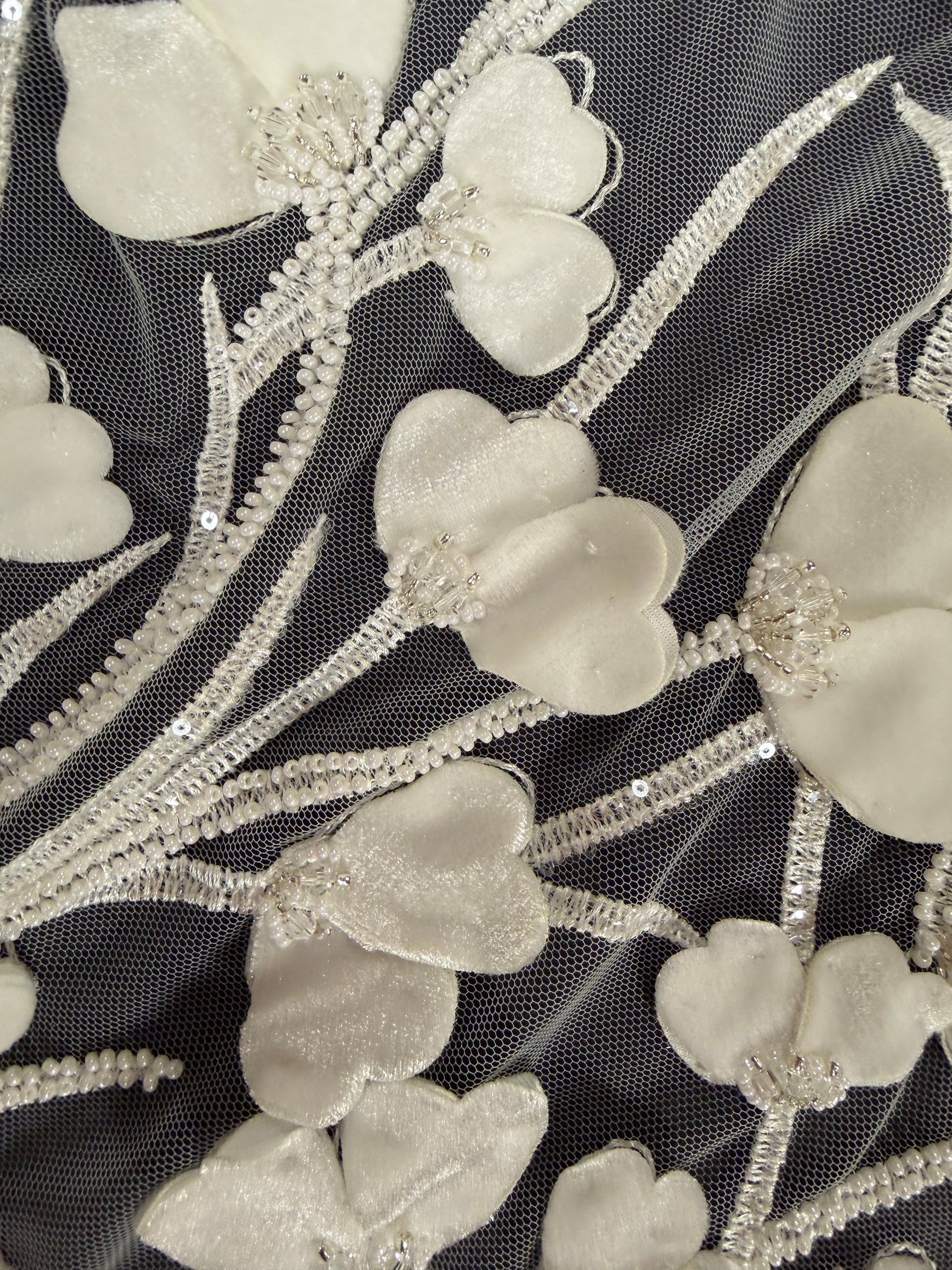 Ivory 3D Emb Beaded Tulle - EB1082
