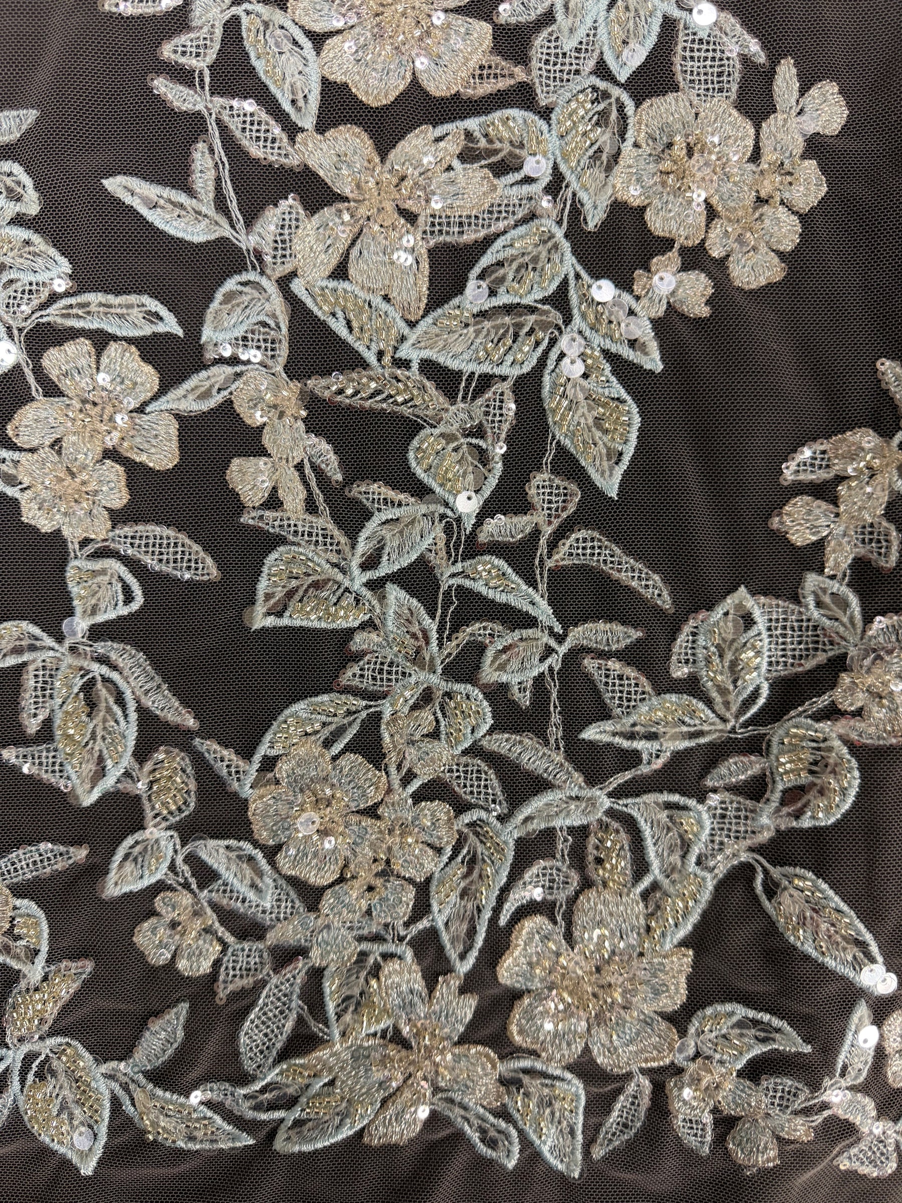 Grey/Blue Embroidered Beaded Tulle - EB1085