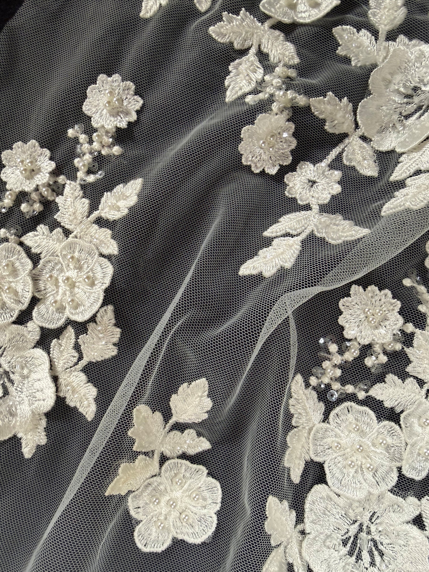 Ivory 3D Emb Beaded Tulle - EB1088