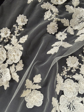 Ivory 3D Emb Beaded Tulle - EB1088
