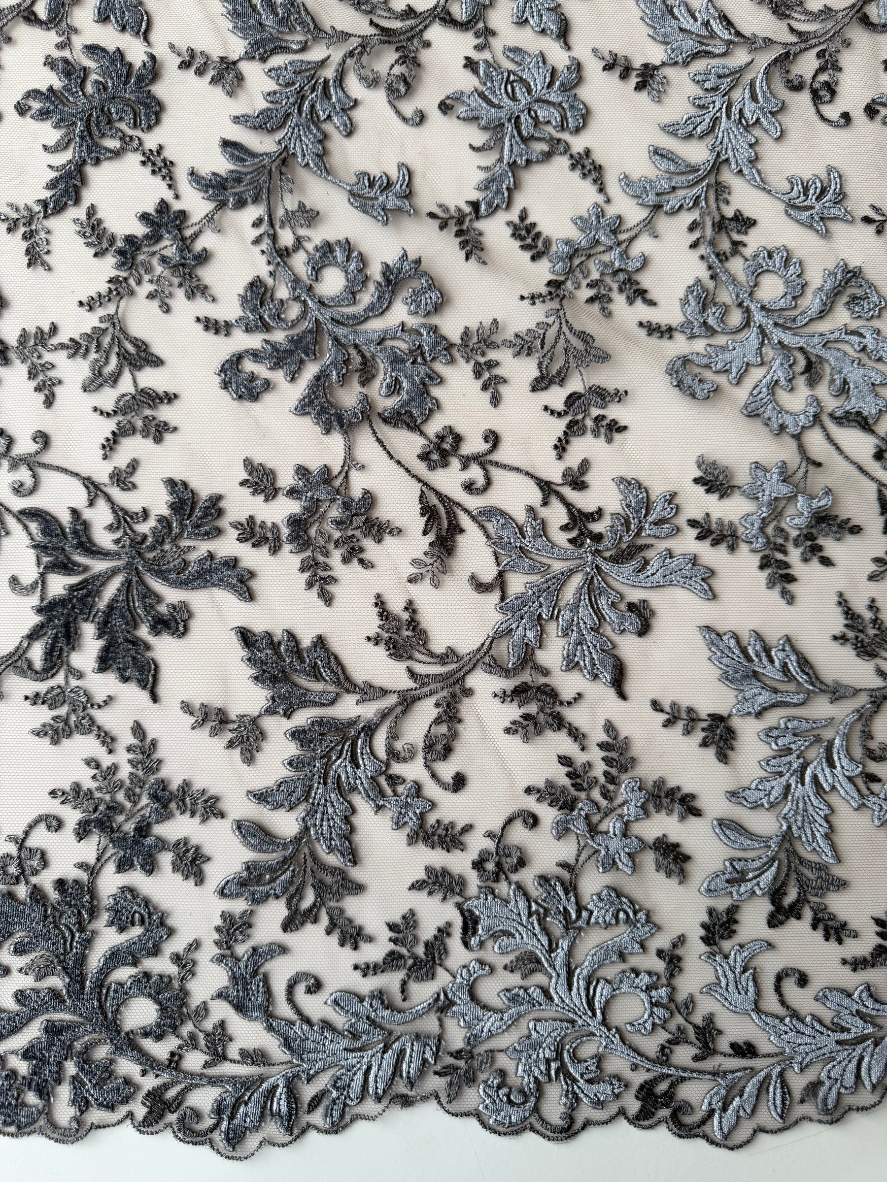 Grey Velvet Embroidery Lace - Madina