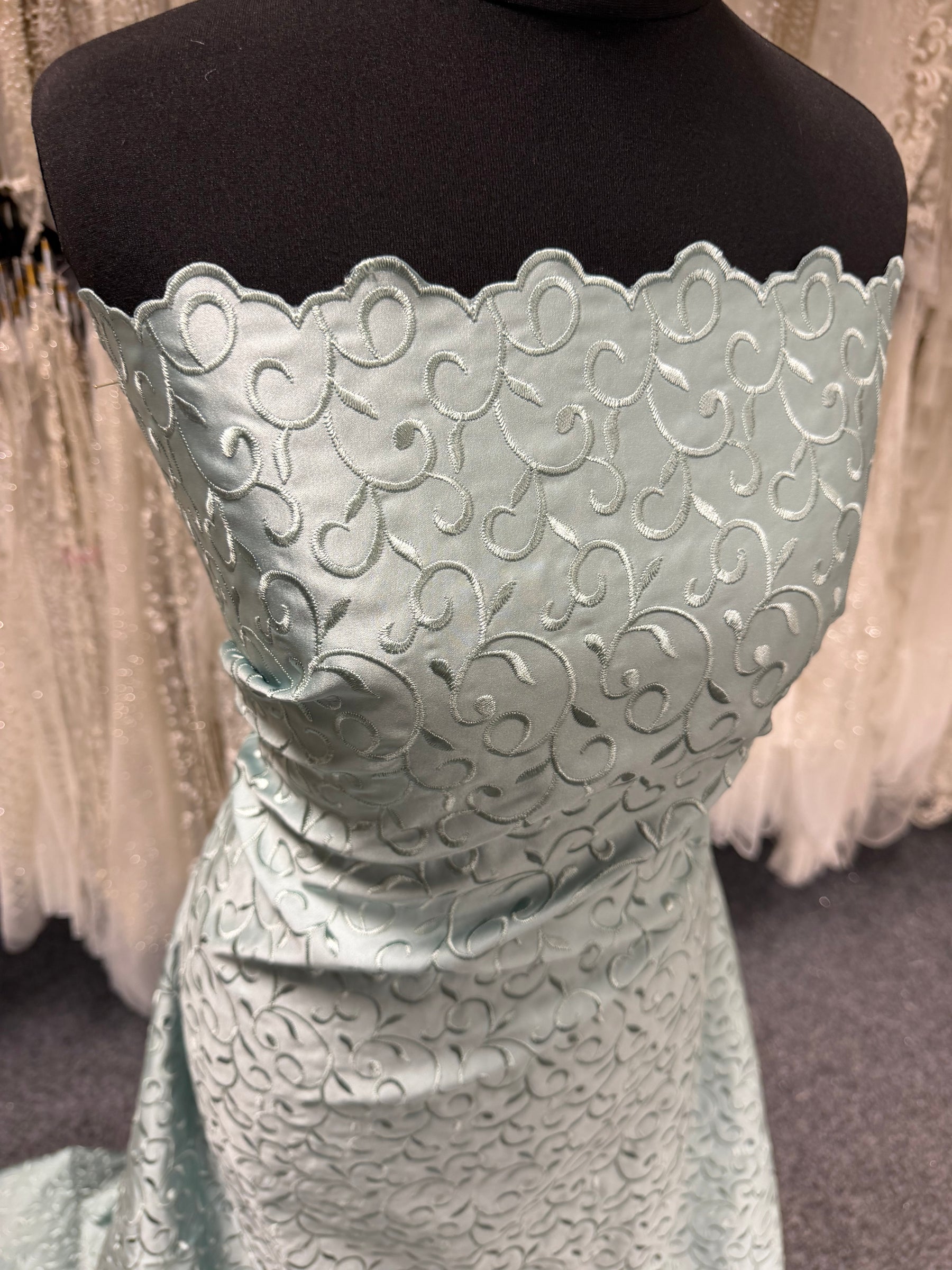 Misty Green Embroidered Duchess Satin - P476