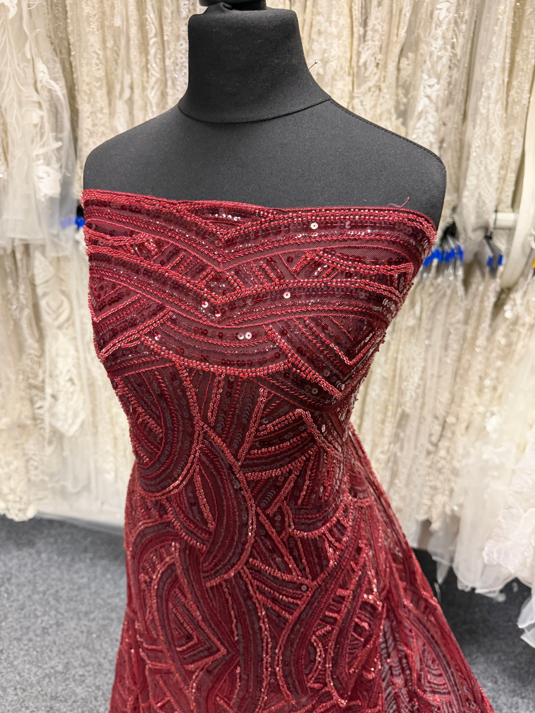 Wine Emb Beaded Tulle - EB1056