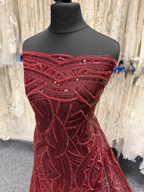 Wine Emb Beaded Tulle - EB1056