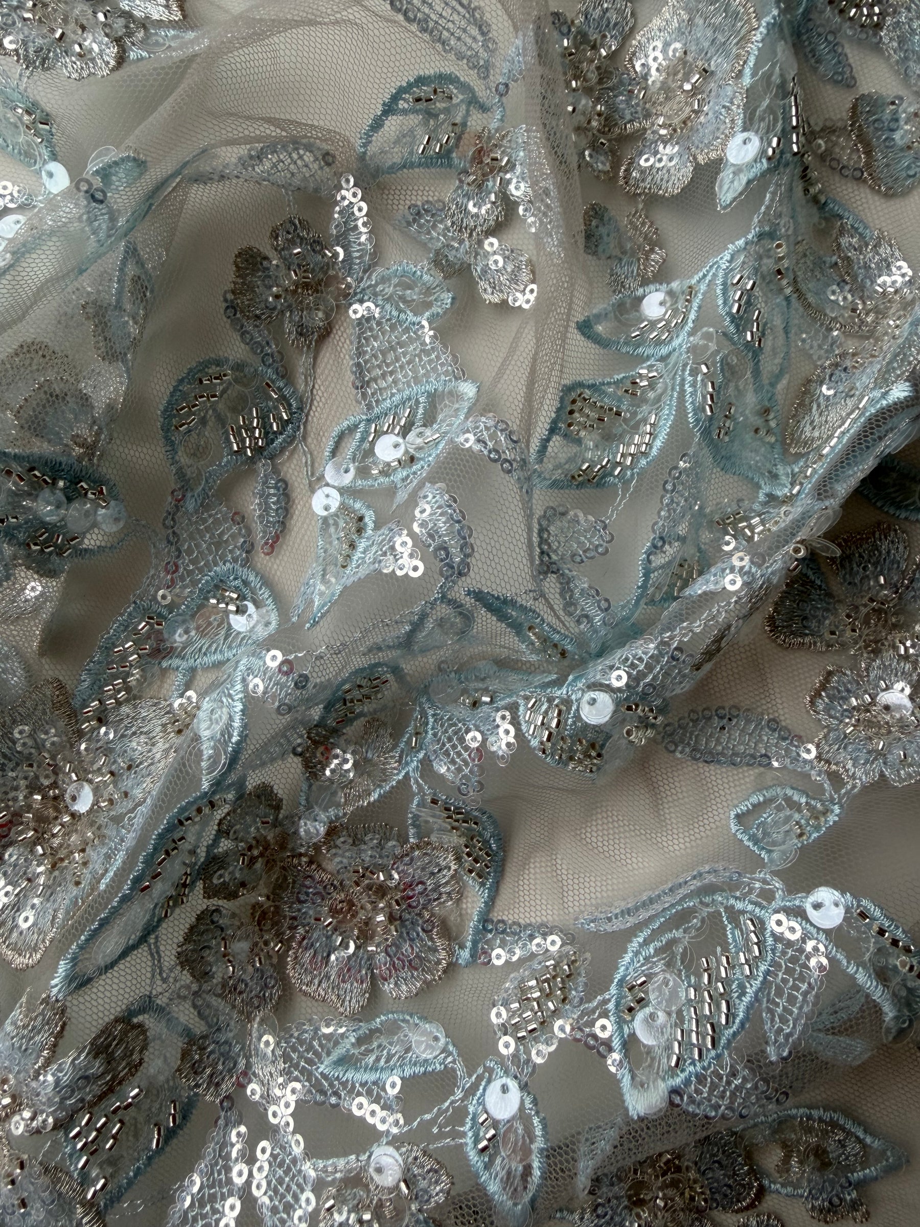 Grey/Blue Embroidered Beaded Tulle - EB1085