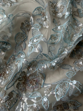 Grey/Blue Embroidered Beaded Tulle - EB1085