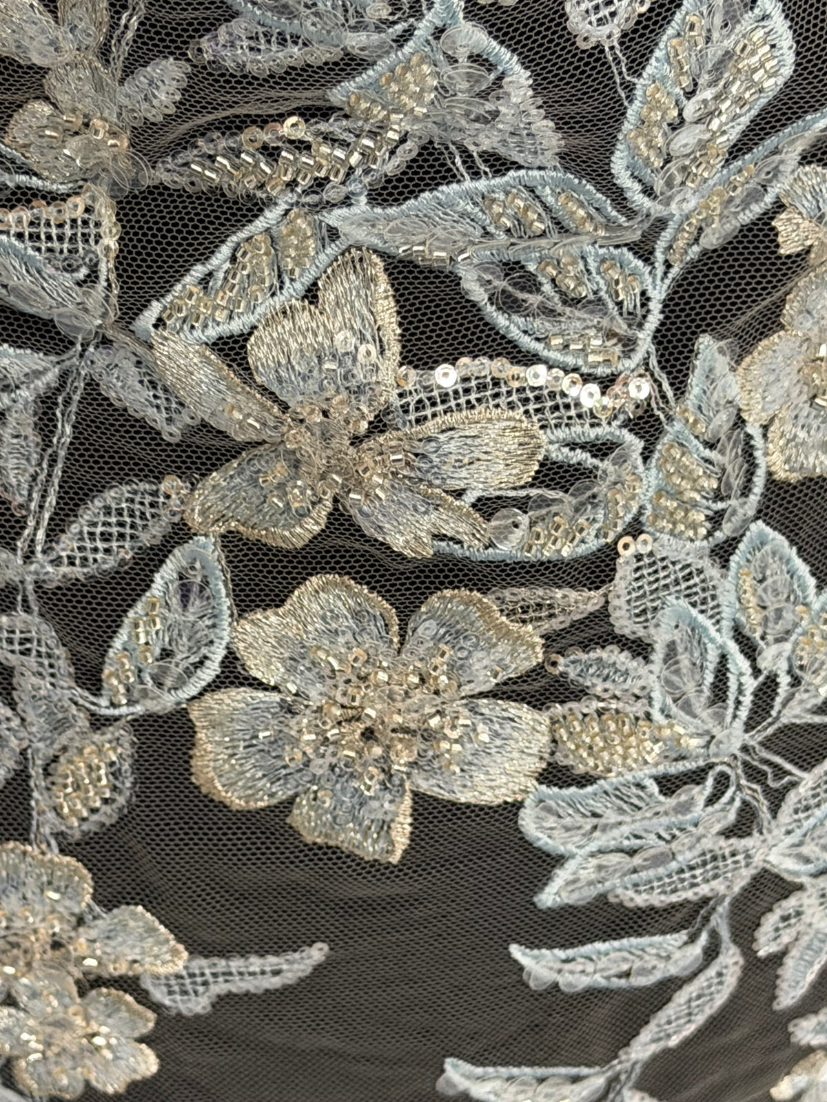 Grey/Blue Embroidered Beaded Tulle - EB1085
