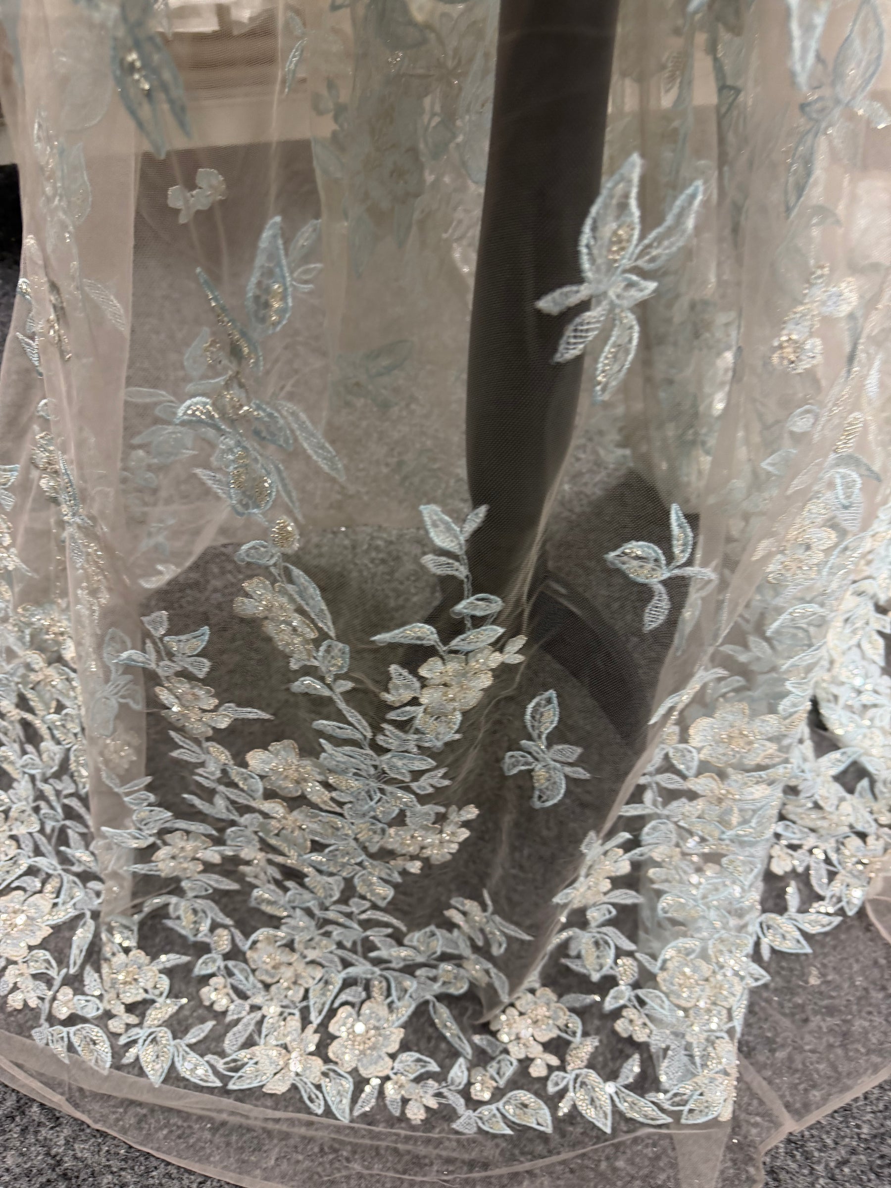 Grey/Blue Embroidered Beaded Tulle - EB1085