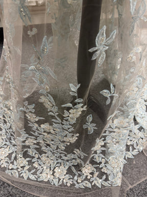 Grey/Blue Embroidered Beaded Tulle - EB1085