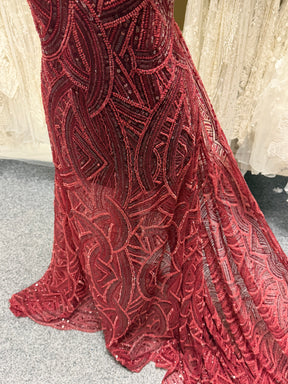 Wine Emb Beaded Tulle - EB1056