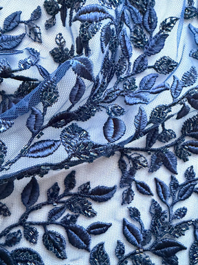 Navy Embroidered Beaded Tulle - EB1058