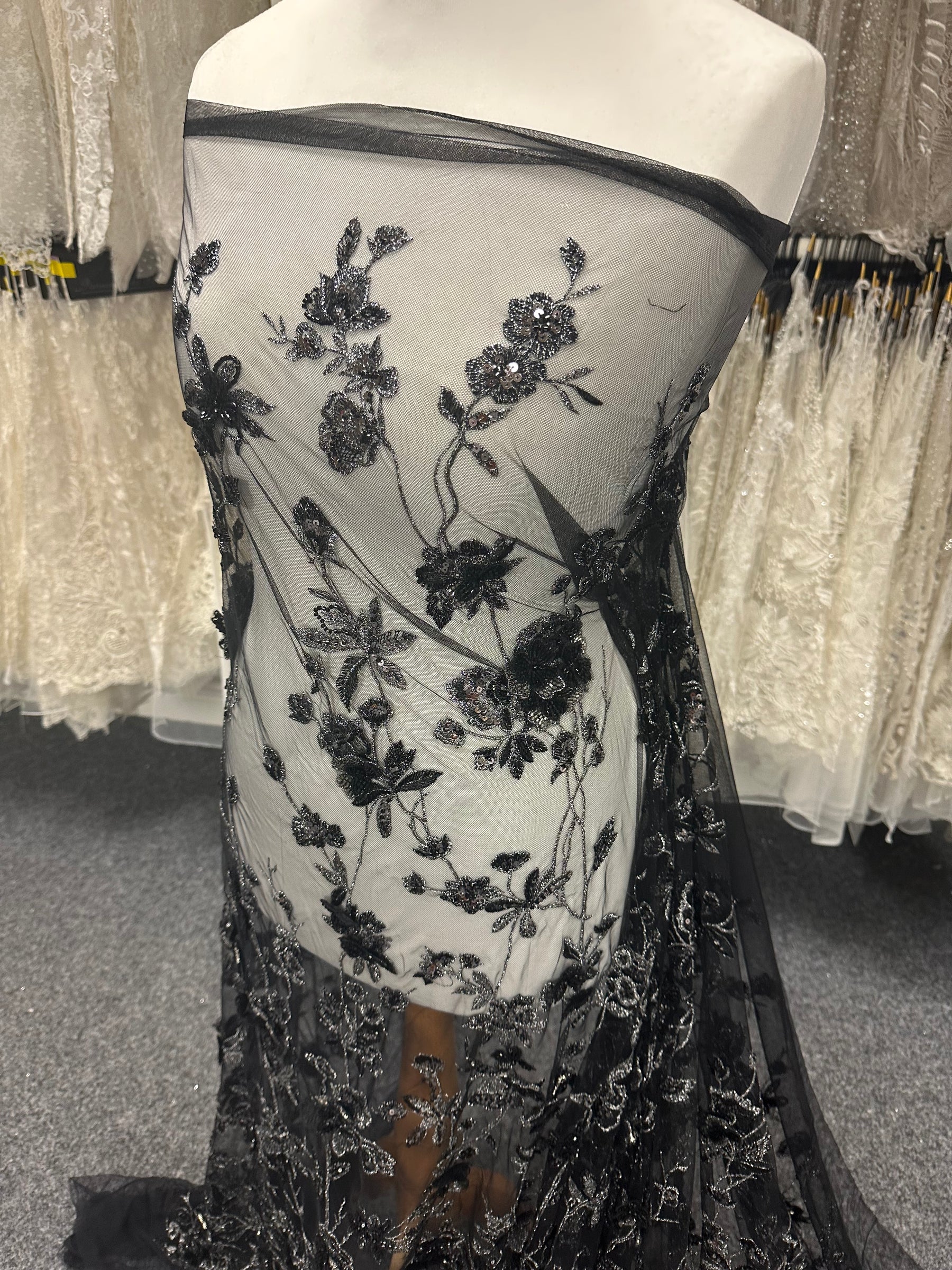 Black & Silver Embroidered Lace - Aretha