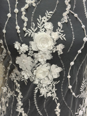 Ivory 3D Beaded Tulle - EB1008