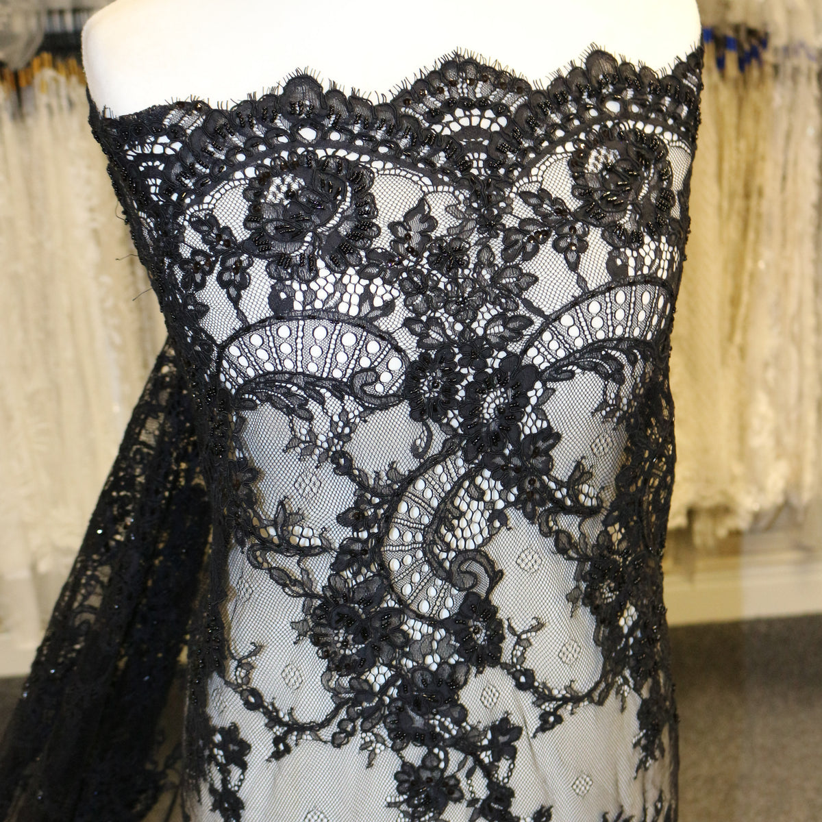 Black Beaded Raschel Lace - Ebony