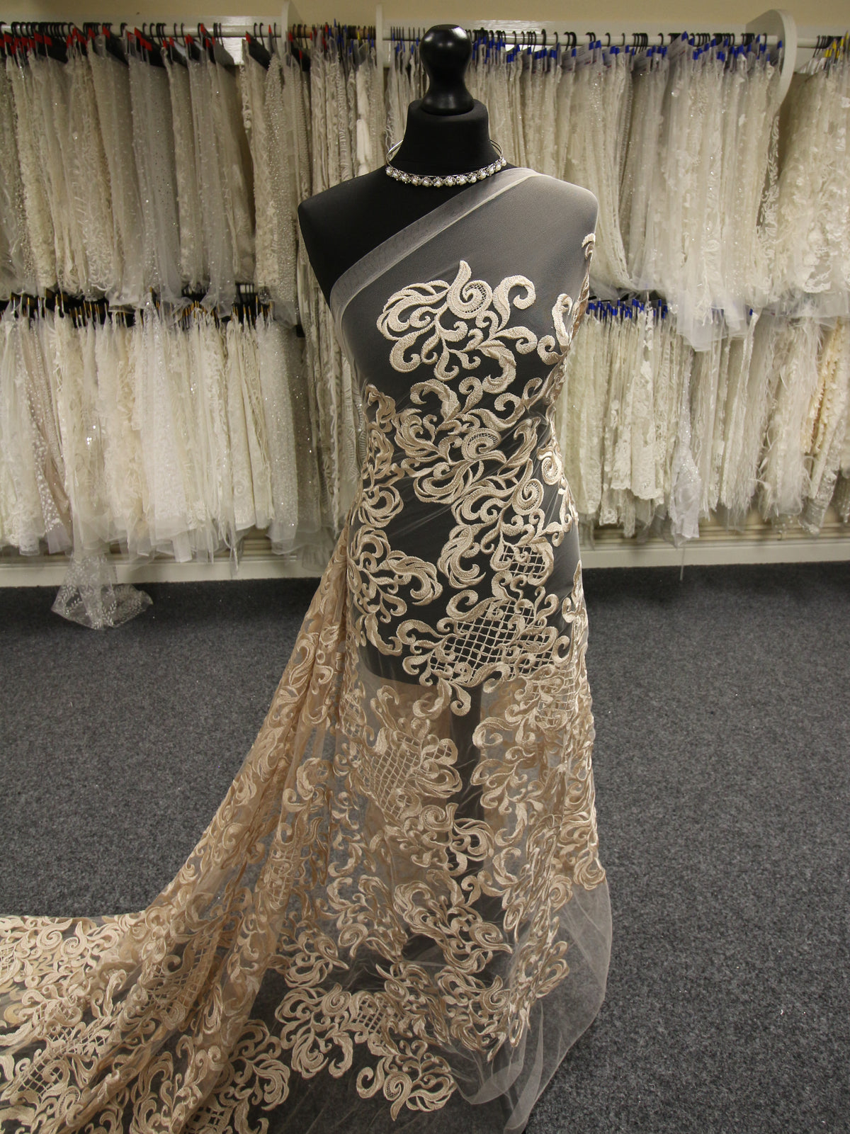 Gold Lace Fabric, champagne bridal lace, Gold Floral Embroidery on Black  mesh, 50“ wide lace, ”Gold Fabric by 1 yard