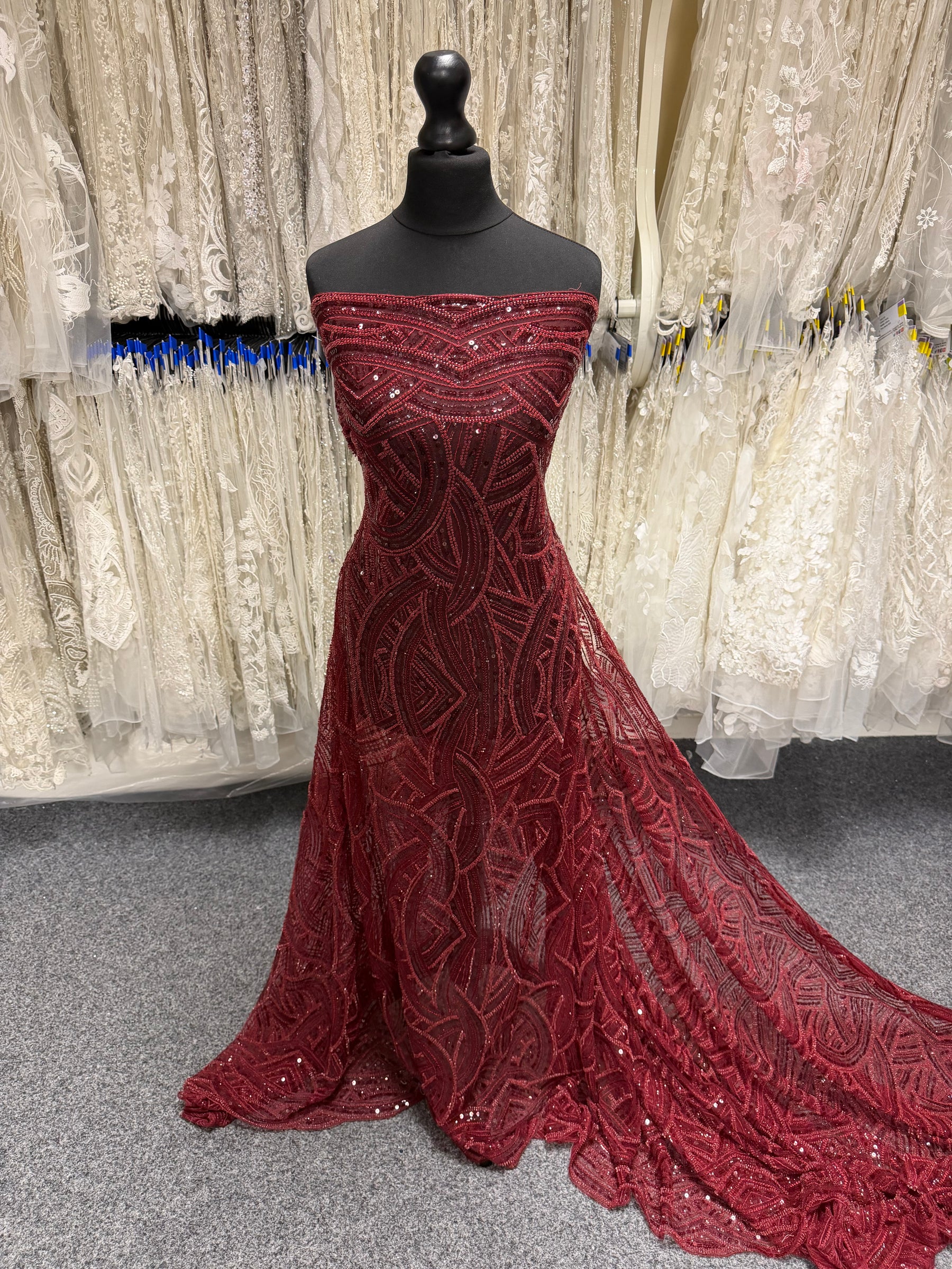 Wine Emb Beaded Tulle - EB1056
