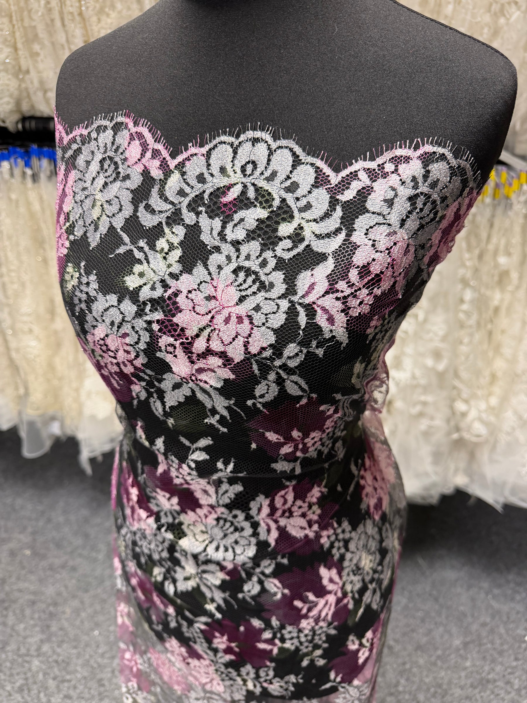 Pink & Mint Printed Chantilly Lace - P192