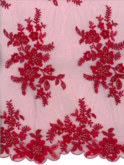 Red Embroidered Beaded Tulle - EB1007