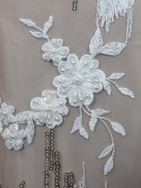Ivory Embroidered Beaded Tulle - EB1019