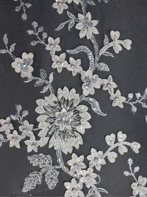 Light Grey 3D Embroidered Beaded Tulle - EB1026