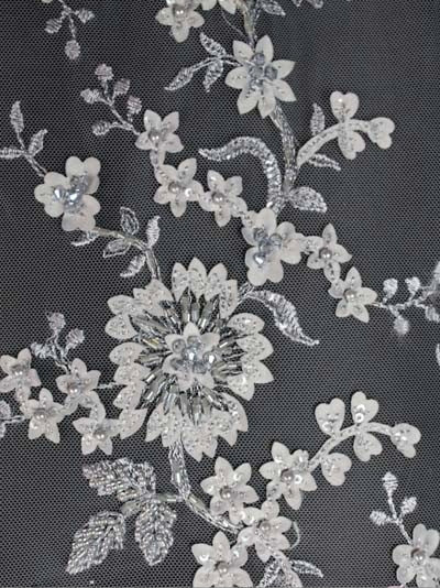 Light Grey 3D Embroidered Beaded Tulle - EB1026