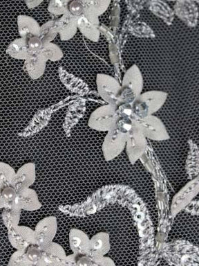 Light Grey 3D Embroidered Beaded Tulle - EB1026