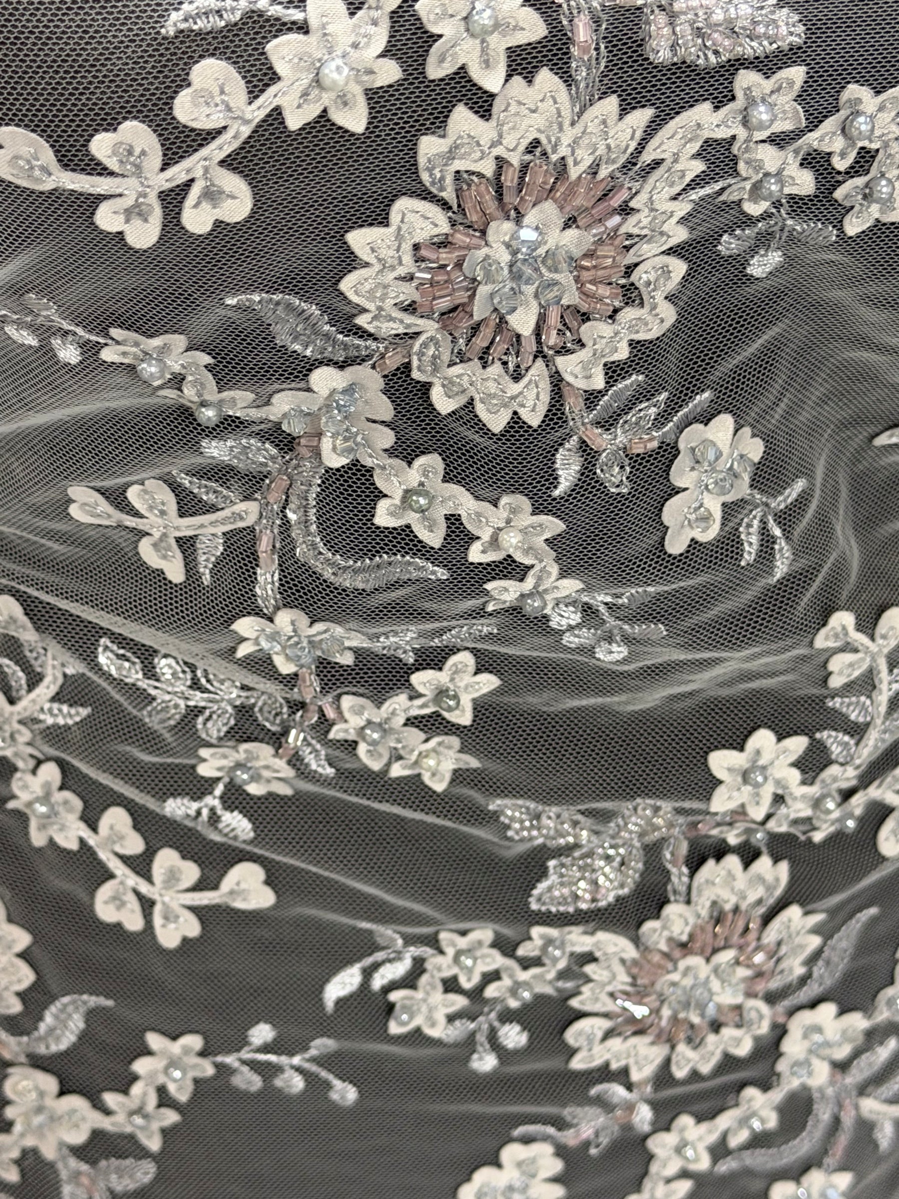 Light Grey 3D Embroidered Beaded Tulle - EB1026