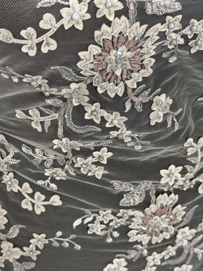 Light Grey 3D Embroidered Beaded Tulle - EB1026