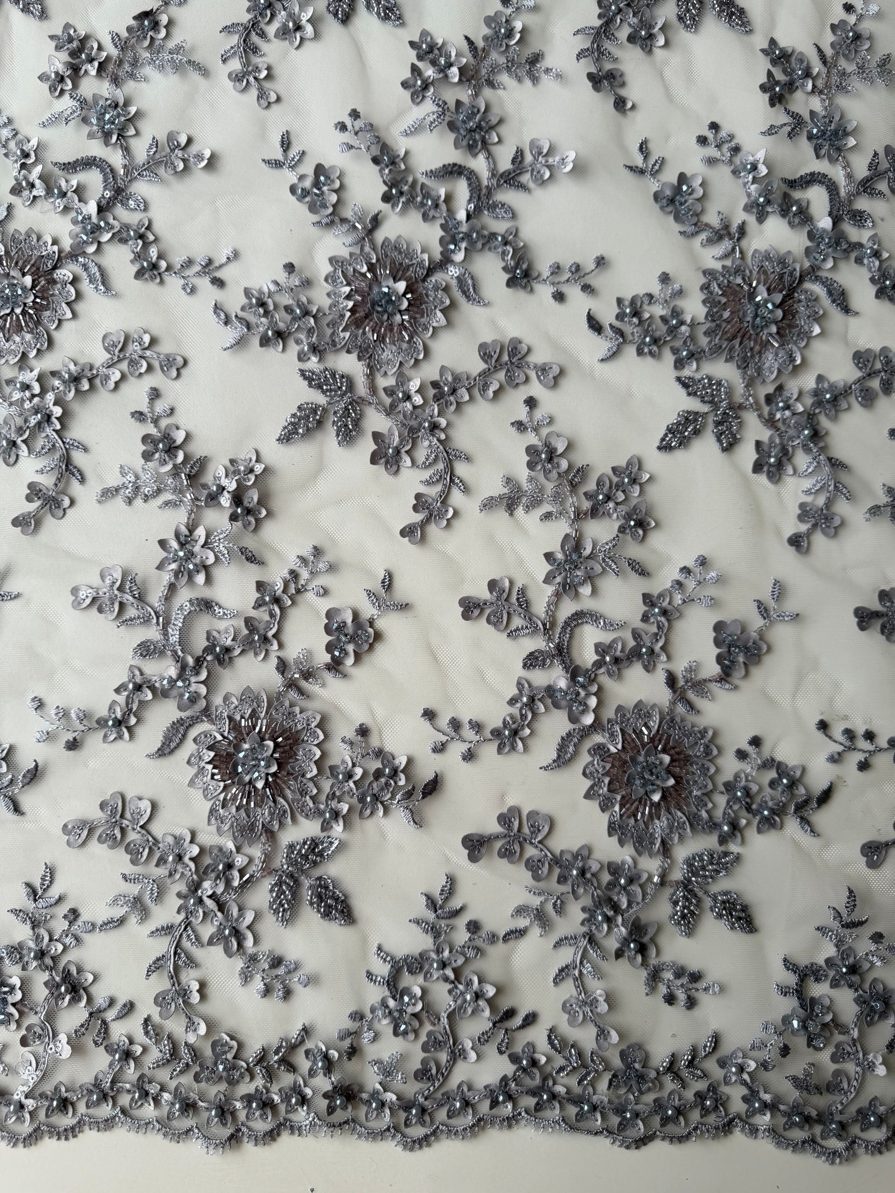 Light Grey 3D Embroidered Beaded Tulle - EB1026
