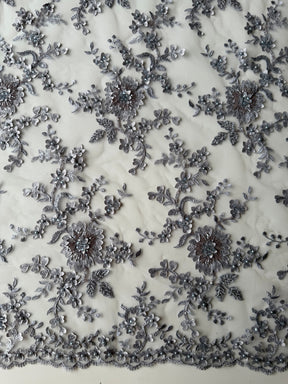 Light Grey 3D Embroidered Beaded Tulle - EB1026