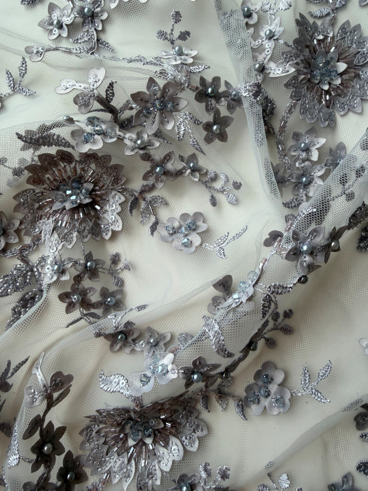 Light Grey 3D Embroidered Beaded Tulle - EB1026