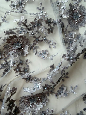 Light Grey 3D Embroidered Beaded Tulle - EB1026
