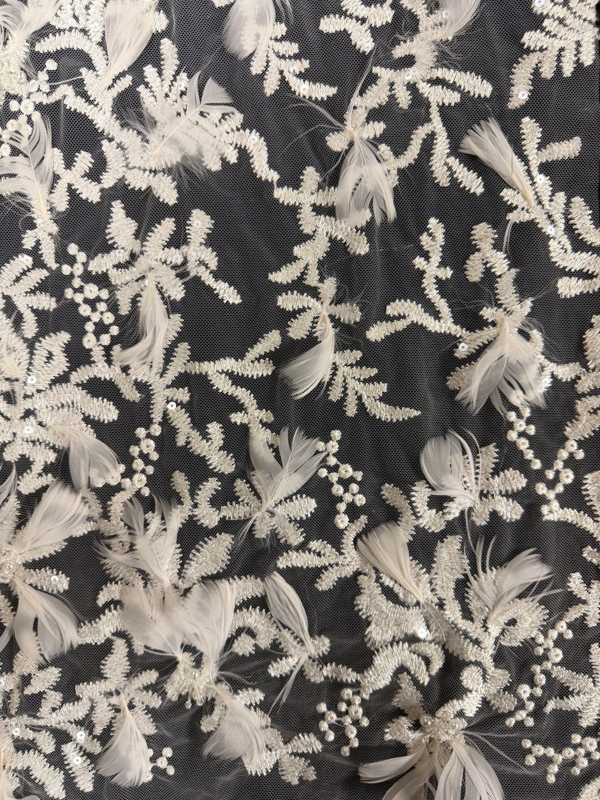 Ivory Embroidered Beaded Feather Tulle - EB1040