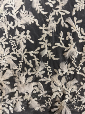 Ivory Embroidered Beaded Feather Tulle - EB1040