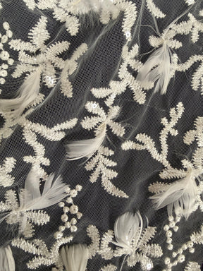Ivory Embroidered Beaded Feather Tulle - EB1040