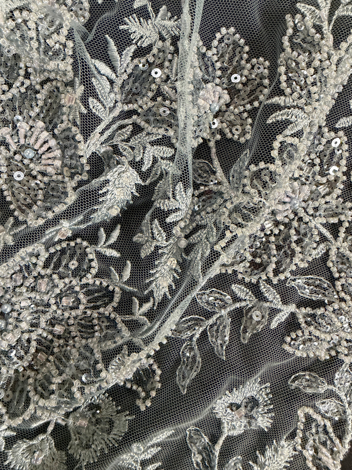 Grey Blue Embroidered Beaded Tulle - EB1041