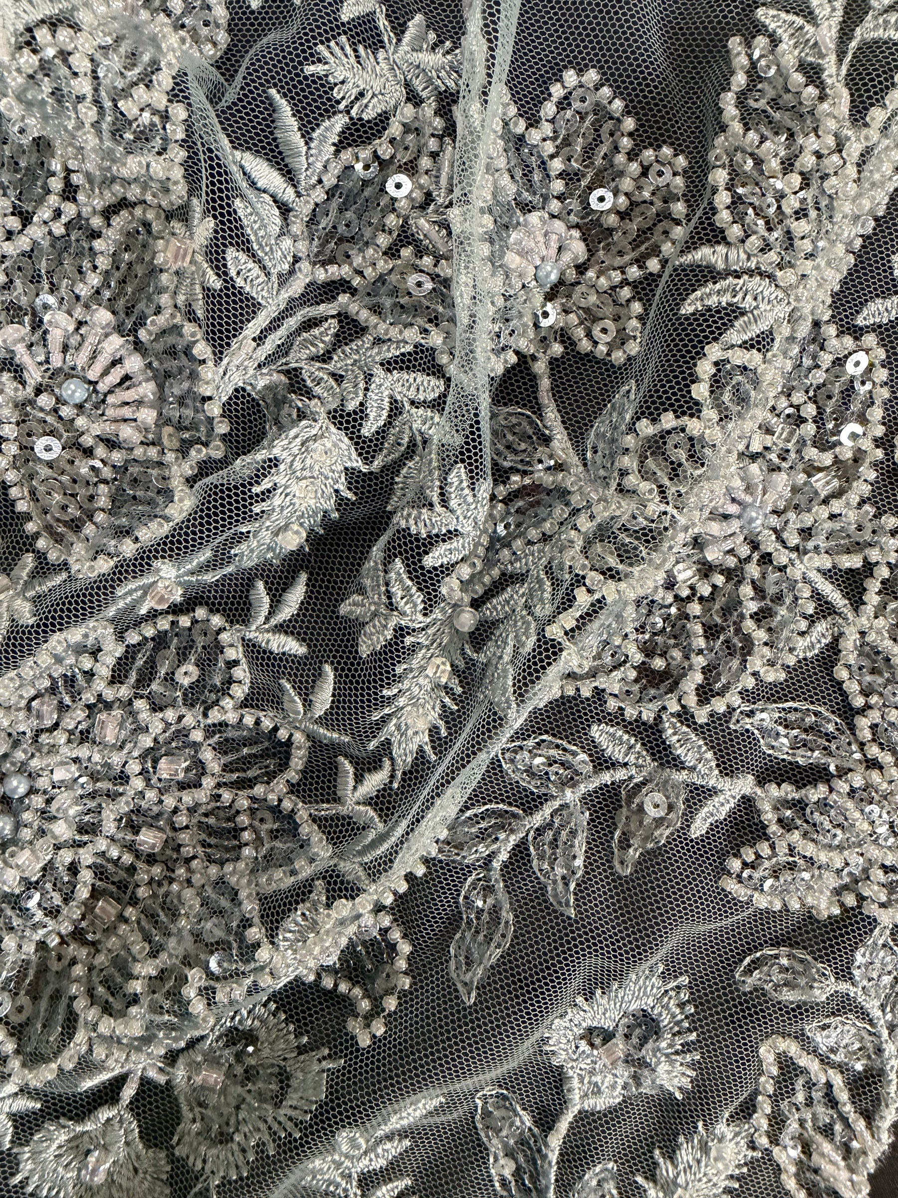 Grey Blue Embroidered Beaded Tulle - EB1041