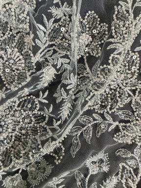 Grey Blue Embroidered Beaded Tulle - EB1041