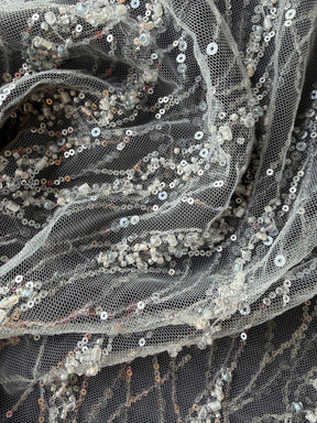 Ivory/Pink Embroidered Beaded Tulle - EB1049