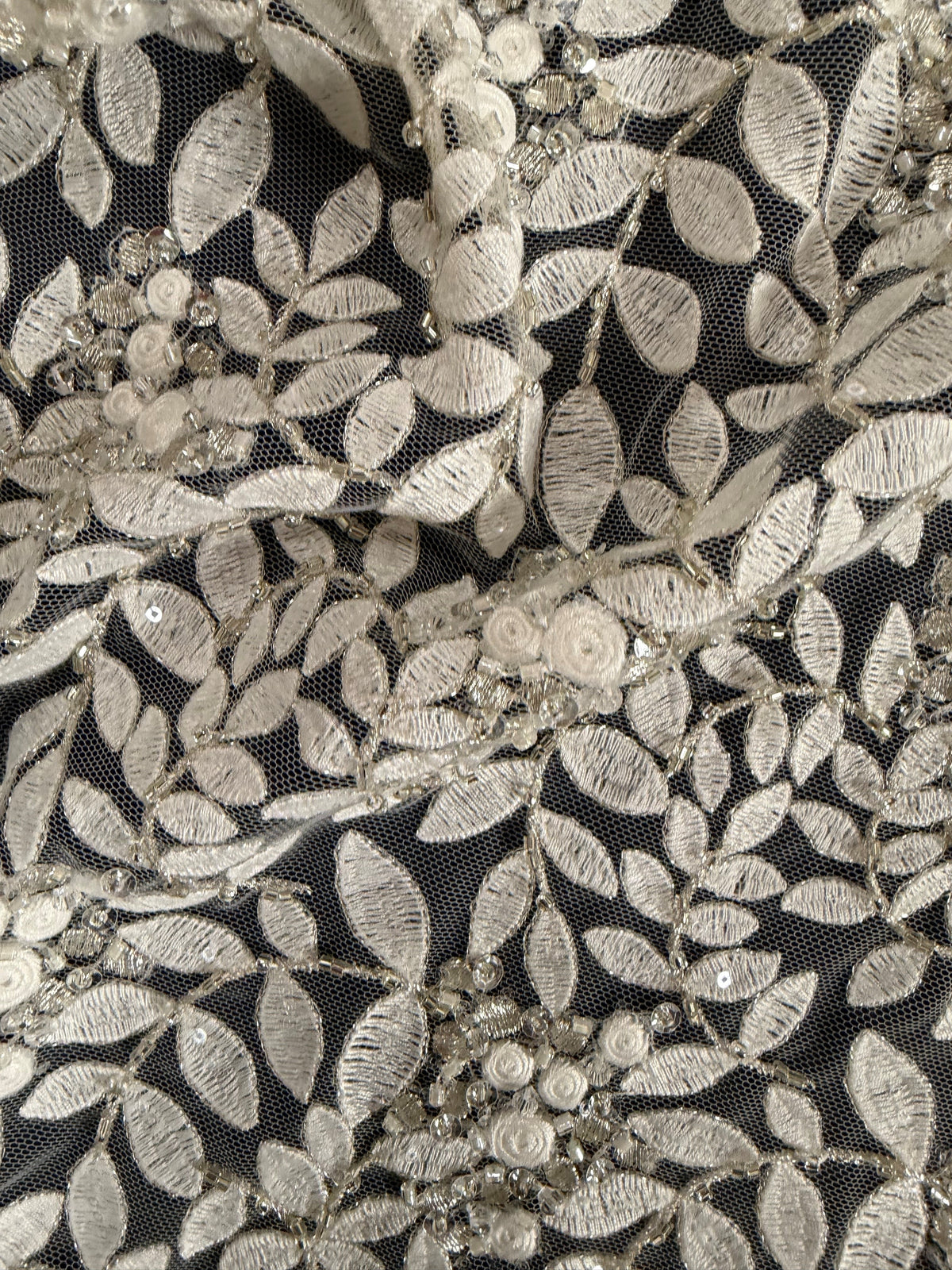 Ivory/Silver Emb Beaded Tulle - EB1052