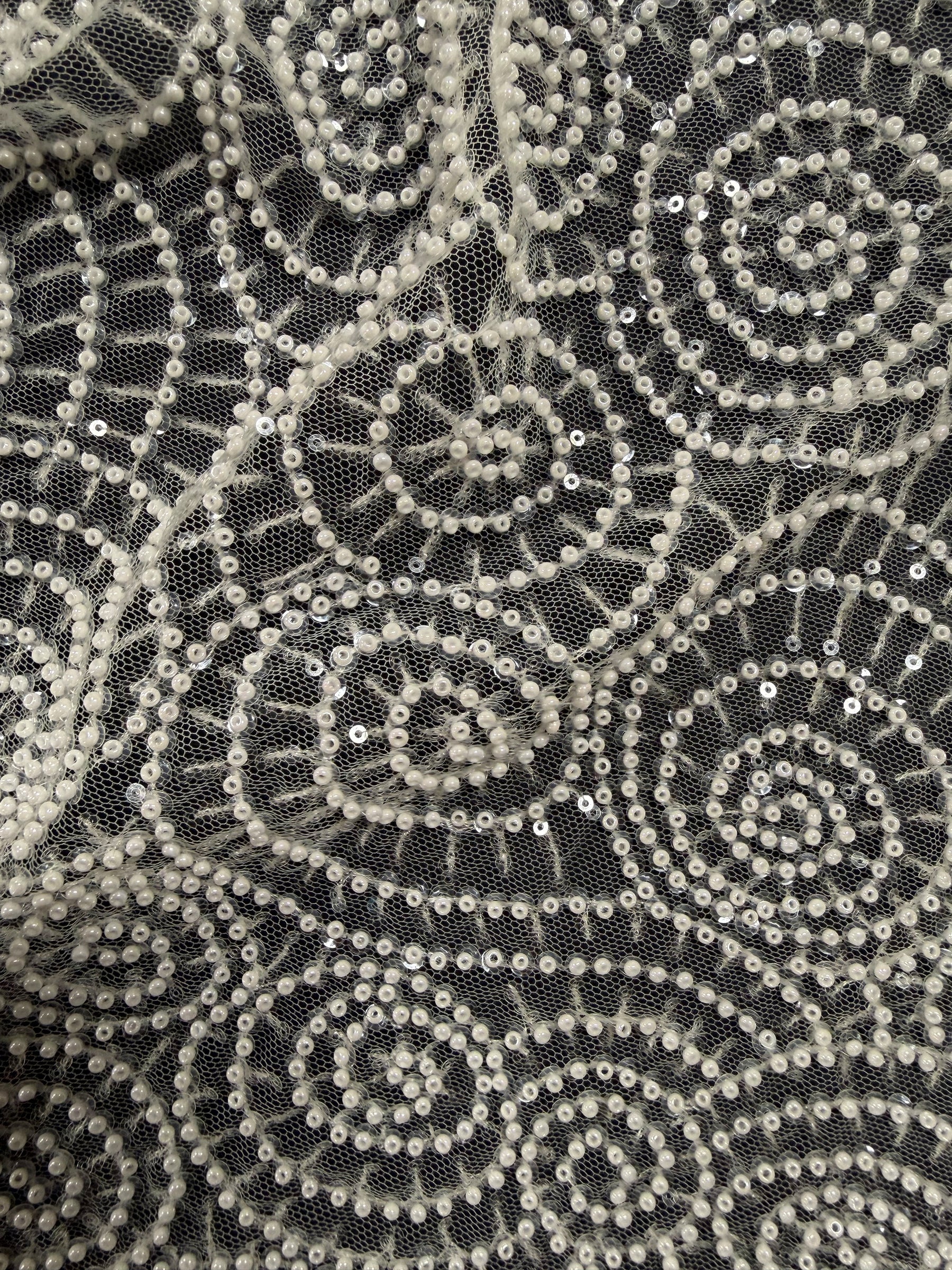 Ivory Emb Beaded Tulle - EB1060